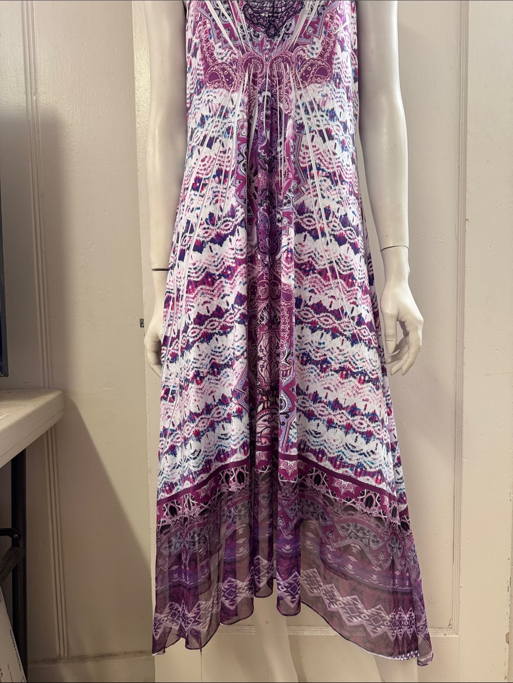 One World sleeveless Purple Midi dress embellished crochet handkerchief hem Sz M - Picture 12 of 14